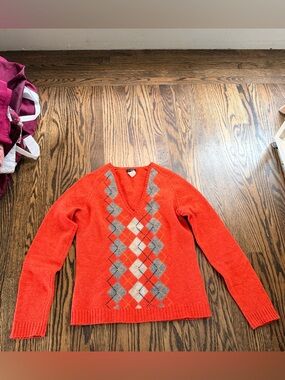 J. Crew Orange Argyle V-Neck Sweater wool small